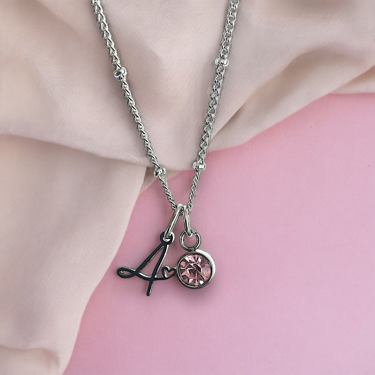 Cursive Initial Necklace with Heart – Silver Stainless Steel – Denoon London – view 6