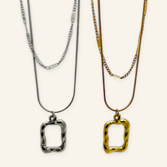 Denoon London Double Layer Necklace with Rectangle Pendant – gold-tone (shown with silver-tone) – view 1