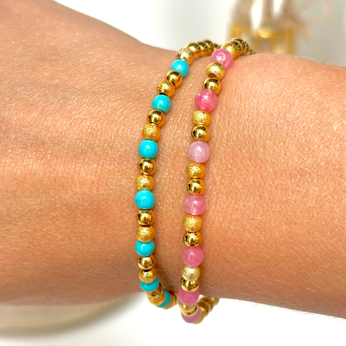 Gemstone and Gold Bead Stretch Bracelet – Pink or Turquoise – Denoon London – view 3
