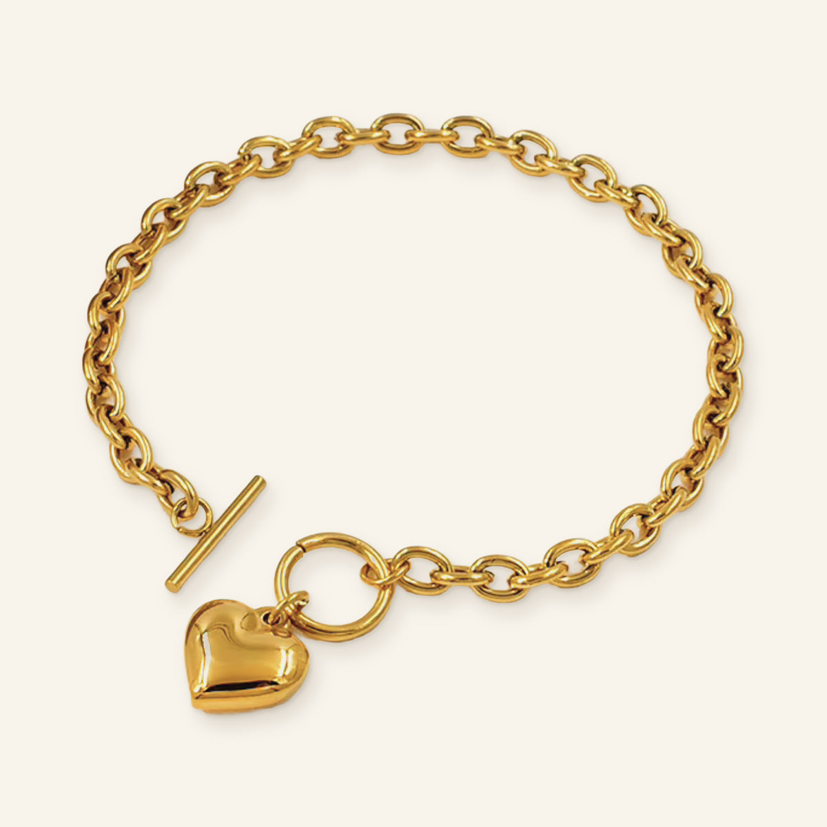 Denoon London chunky heart T-bar bracelet, gold-tone stainless steel toggle chain