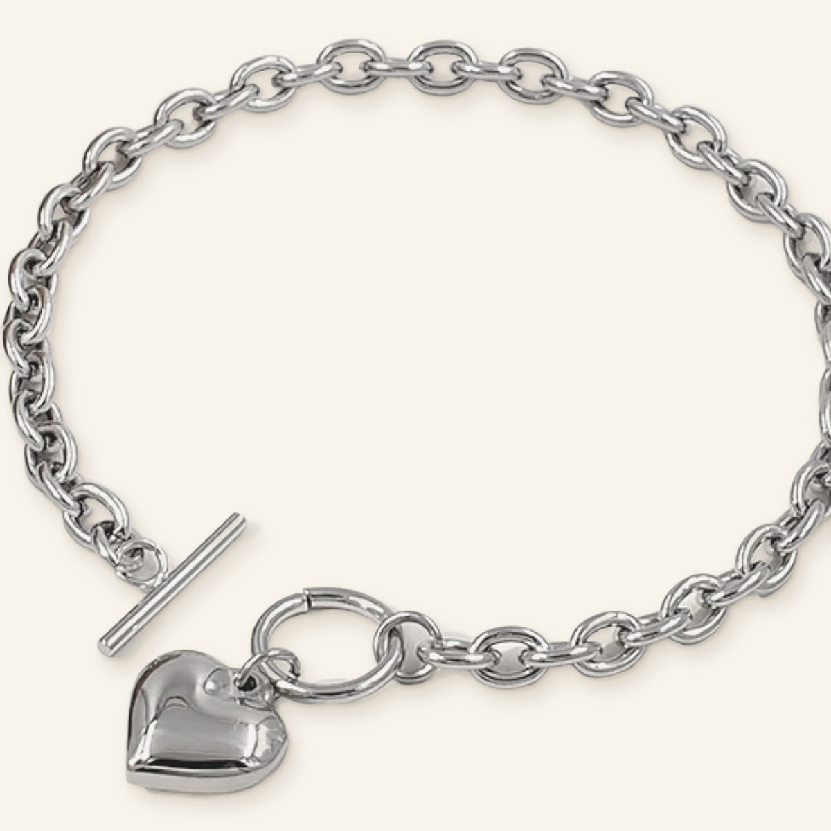 Denoon London chunky heart T-bar bracelet, silver-tone stainless steel toggle chain