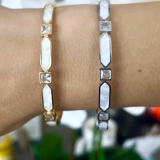 Denoon London Pearl and Square Crystal Bangle Bracelet – silver-tone (shown with gold-tone) – view 1