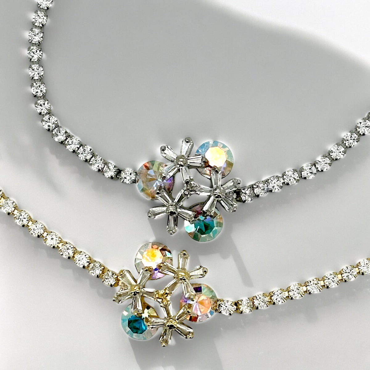 Denoon London Crystal Flower Bracelet with Diamanté – gold-tone (shown with silver-tone) – view 3