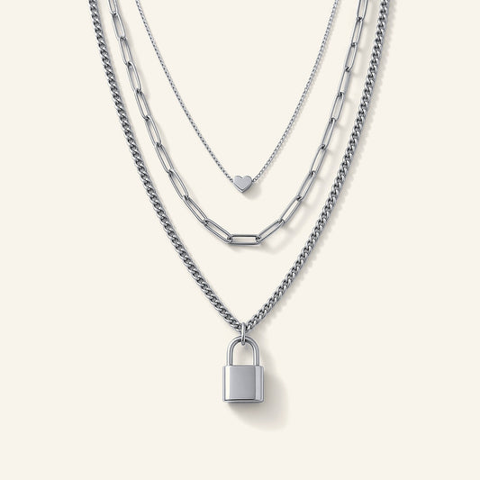 Denoon London Layered Padlock Necklace with Heart, silver-tone – view 1