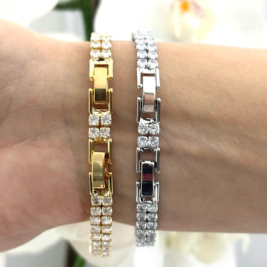 Denoon London Double Row Tennis Bracelet – gold-tone (shown with silver-tone) – view 2