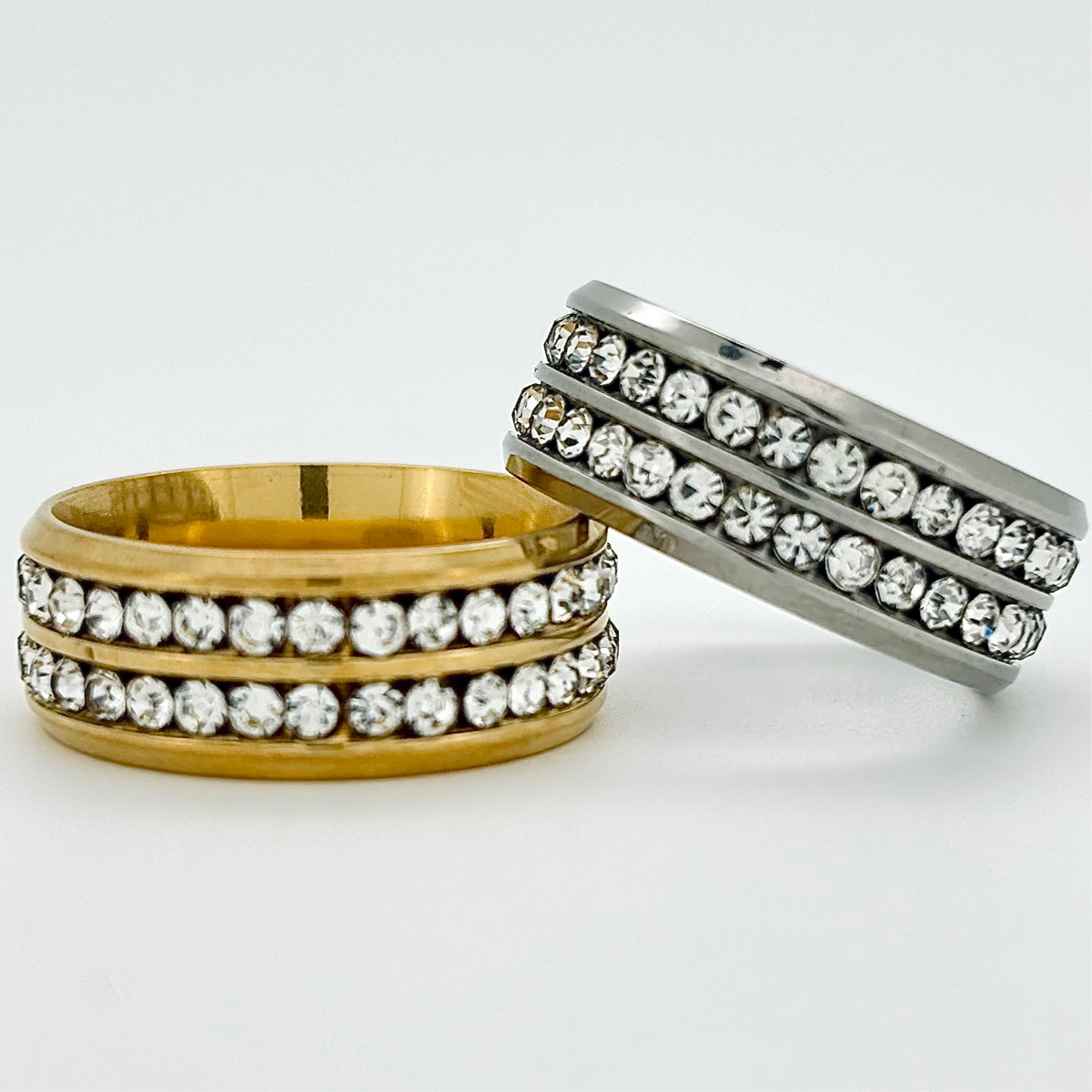 Denoon London Double Row Crystal Statement Ring – silver-tone (shown with gold-tone) – view 4