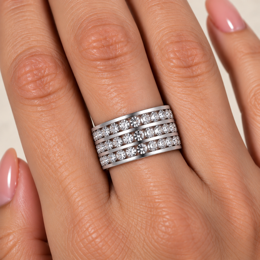 Stainless Steel Triple Row Crystal Ring in Silver – UK Sizes J to Z