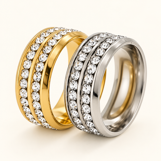 Stainless Steel Double Row Crystal Statement Ring in Gold