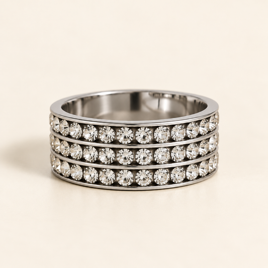 Stainless Steel Triple Row Crystal Ring in Silver – UK Sizes J to Z