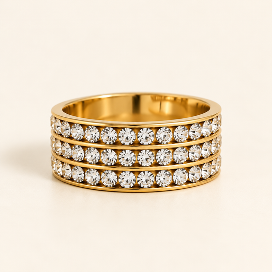 Stainless Steel Triple Row Crystal Ring in Gold – UK Sizes J to Z