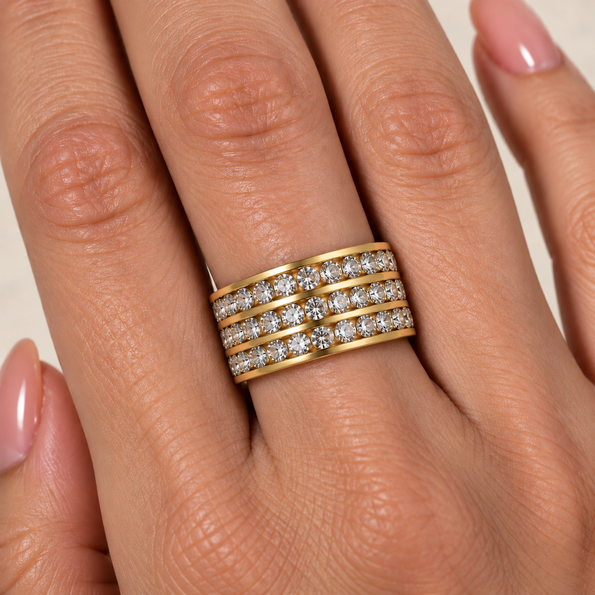 Stainless Steel Triple Row Crystal Ring in Gold – UK Sizes J to Z