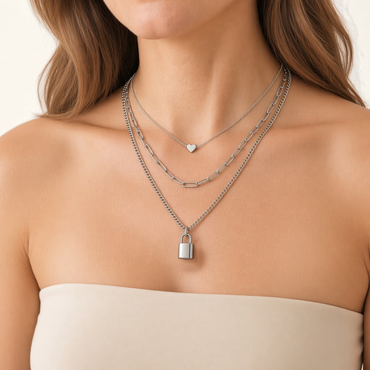 Denoon London silver-tone layered padlock necklace worn on model
