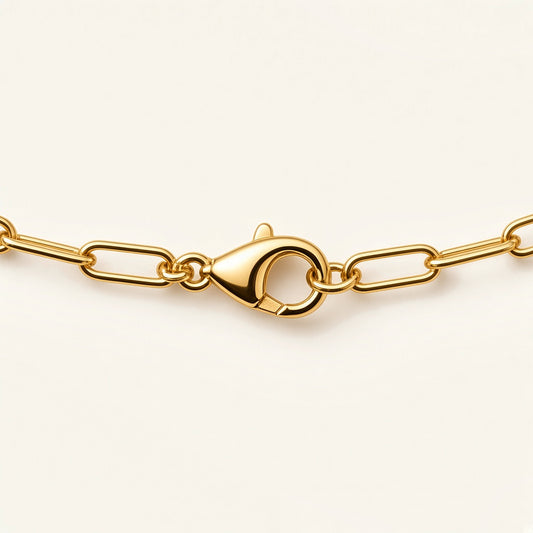 Denoon London paperclip chain necklace, gold-tone, clasp close-up