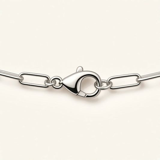 Denoon London paperclip chain necklace, silver-tone, clasp close-up