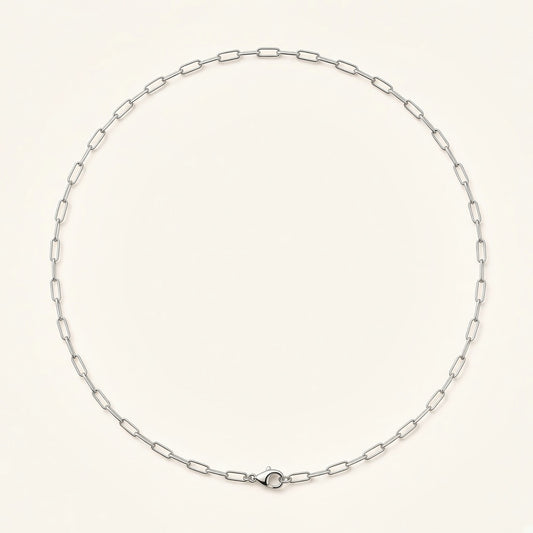 Denoon London paperclip chain necklace, silver-tone, flat lay