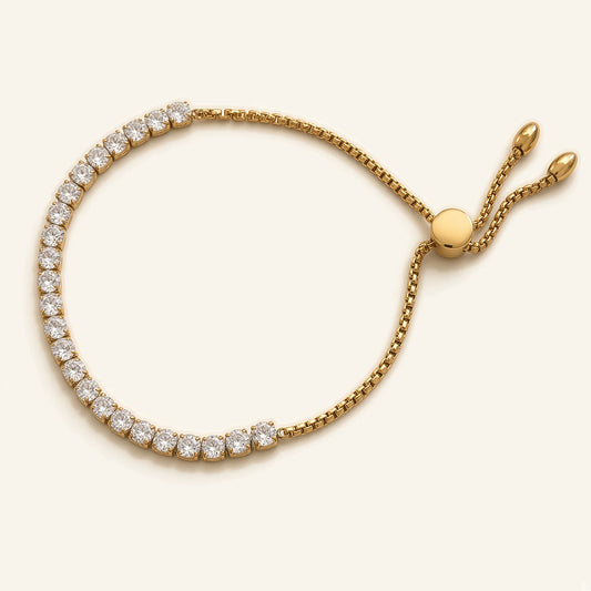 Denoon London Adjustable Tennis Bracelet, gold-tone stainless steel – full bracelet with slider