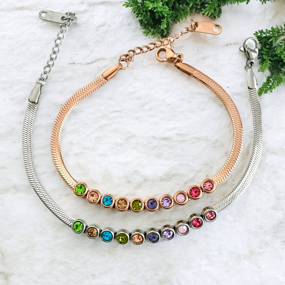 Snake Chain Bracelet with Colourful Crystals – Stainless Steel – Denoon London – view 2