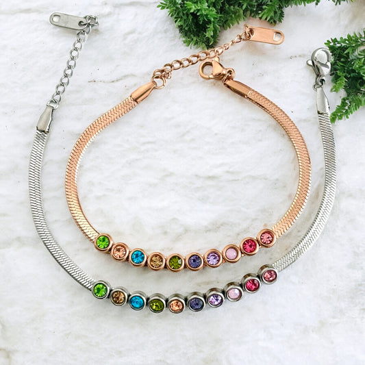 Snake Chain Bracelet with Colourful Crystals – Stainless Steel – Denoon London – view 2