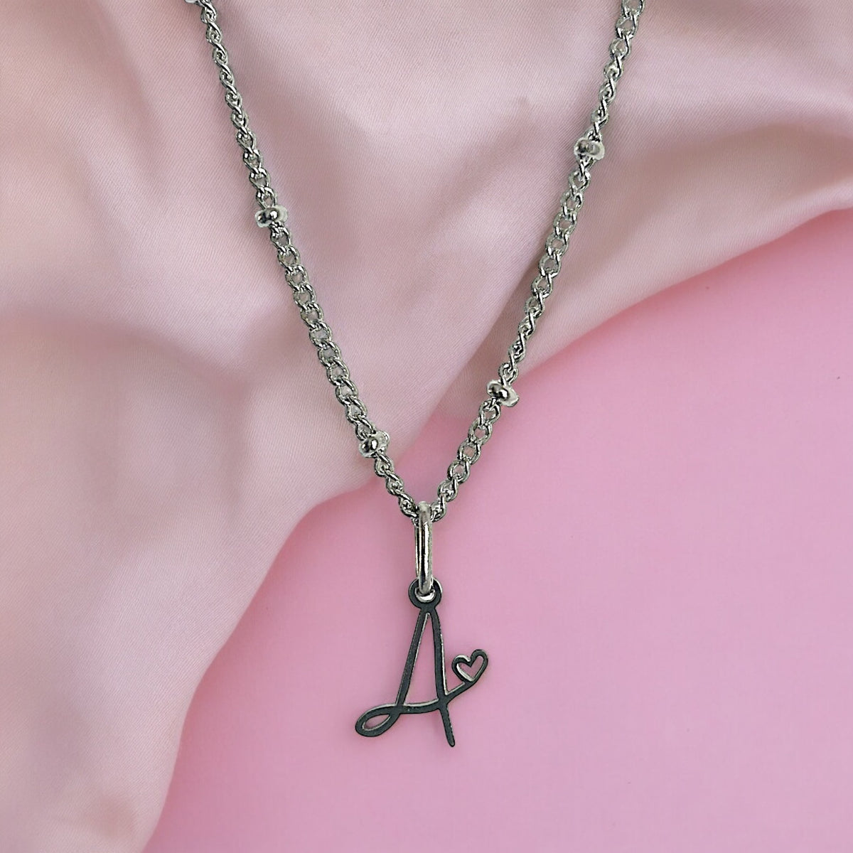 Cursive Initial Necklace with Heart – Silver Stainless Steel – Denoon London – view 4