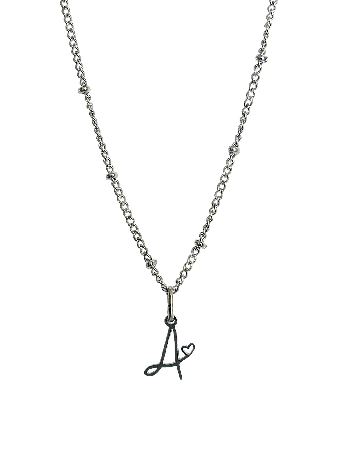 Cursive Initial Necklace with Heart – Silver Stainless Steel – Denoon London – view 3