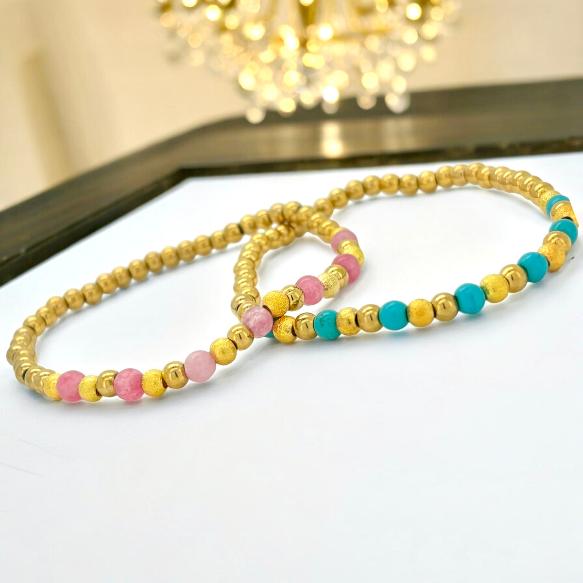 Gemstone and Gold Bead Stretch Bracelet – Pink or Turquoise – Denoon London – view 2