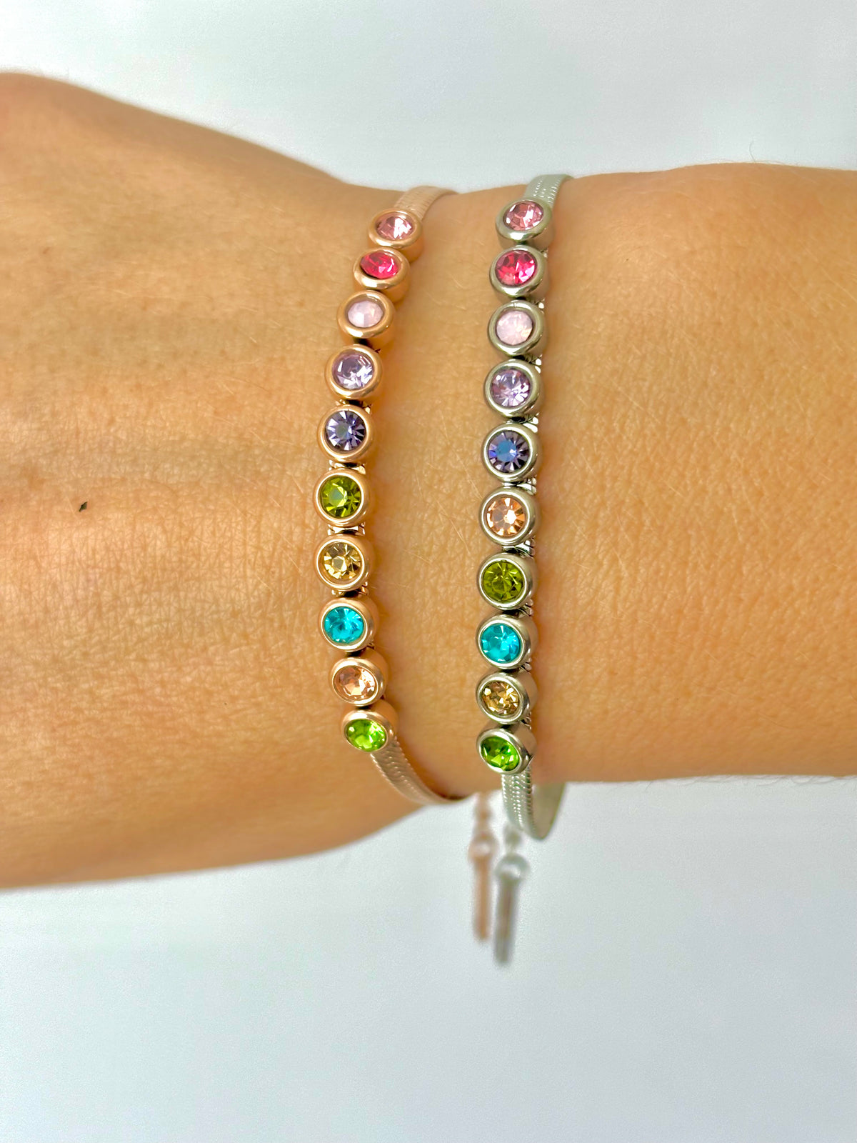 Snake Chain Bracelet with Colourful Crystals – Stainless Steel – Denoon London – view 3