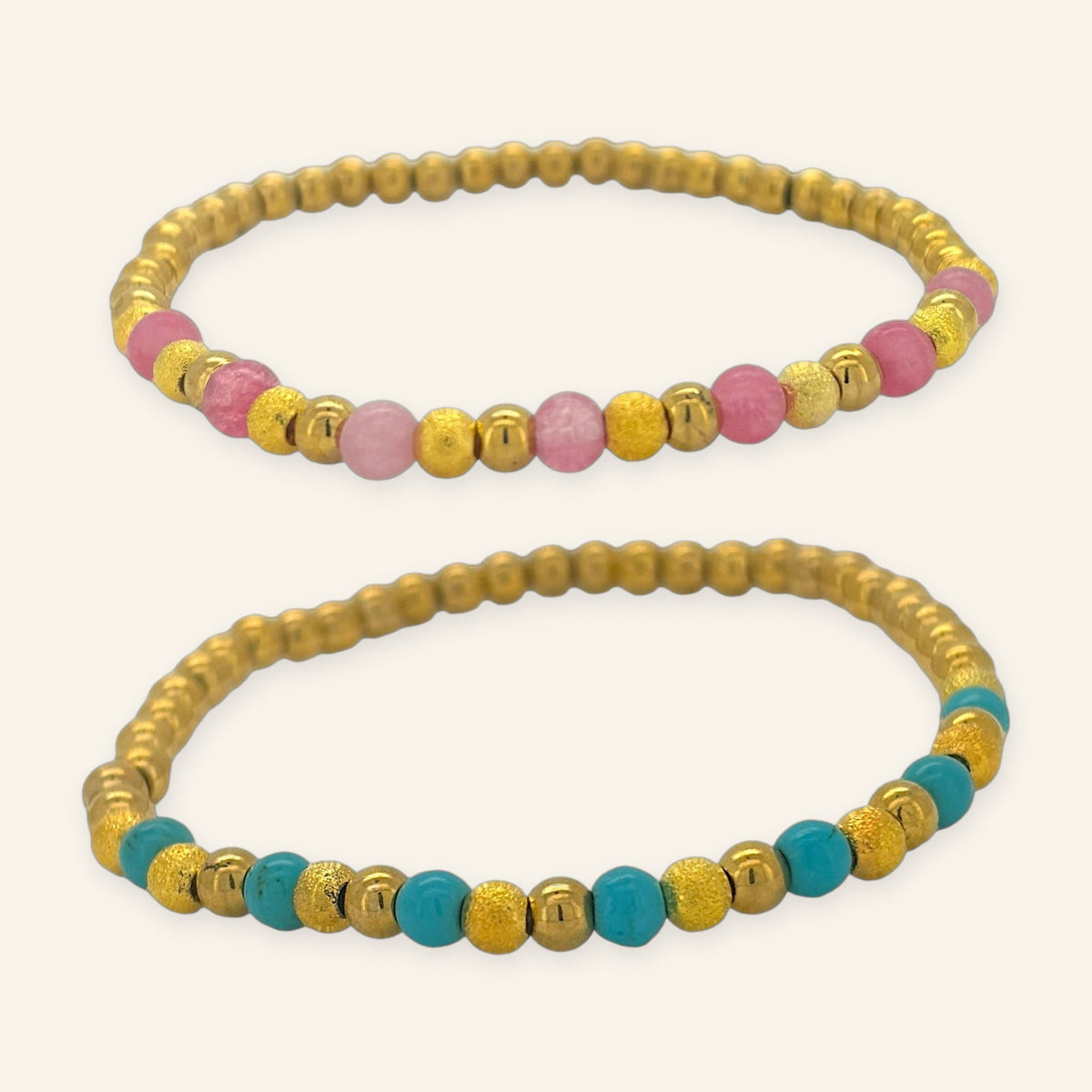 Gemstone and Gold Bead Stretch Bracelet – Pink or Turquoise – Denoon London