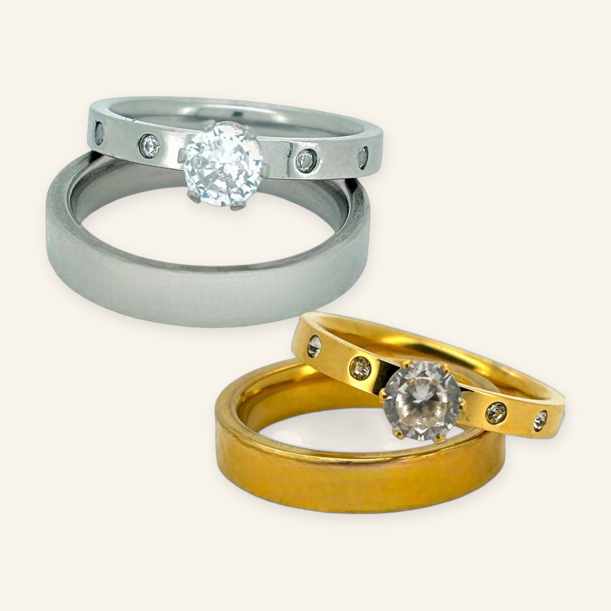 Denoon London Engagement Ring and Wedding Band Set – silver-tone (shown with gold-tone) – view 5
