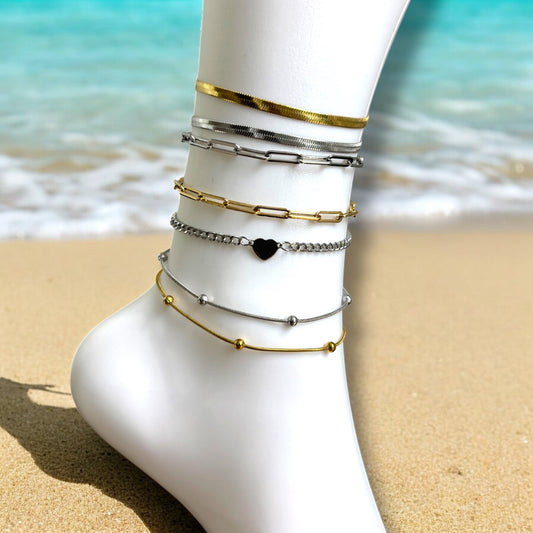 Stainless Steel Anklet – Snake, Paperclip, Beaded or Heart Chain – Denoon London – view 2