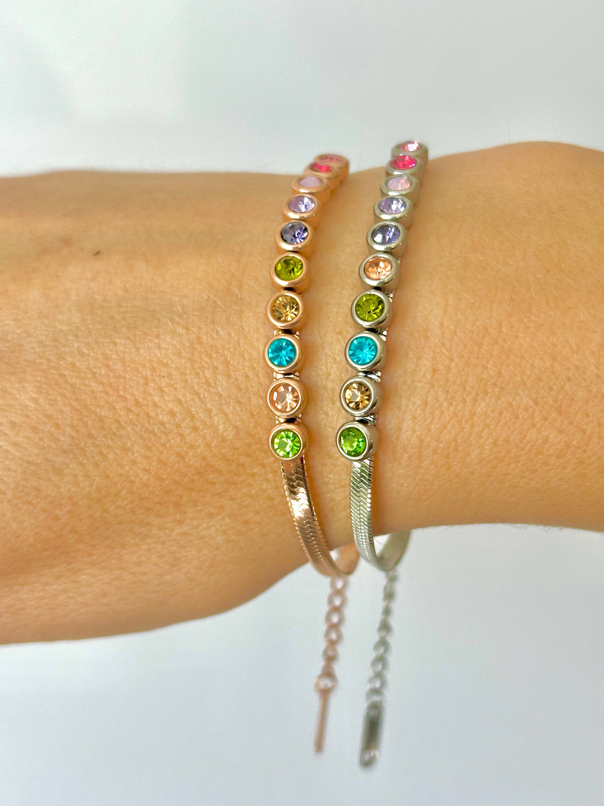 Snake Chain Bracelet with Colourful Crystals – Stainless Steel – Denoon London – view 4