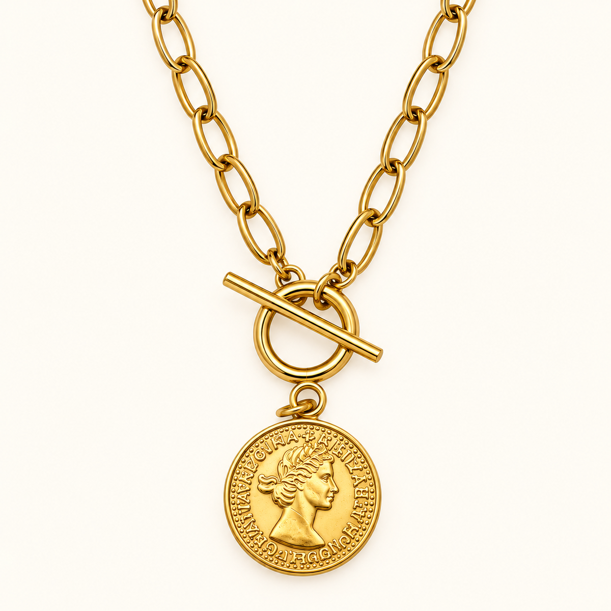 Coin Pendant Necklace on Paperclip Chain – 56cm – Gold-tone