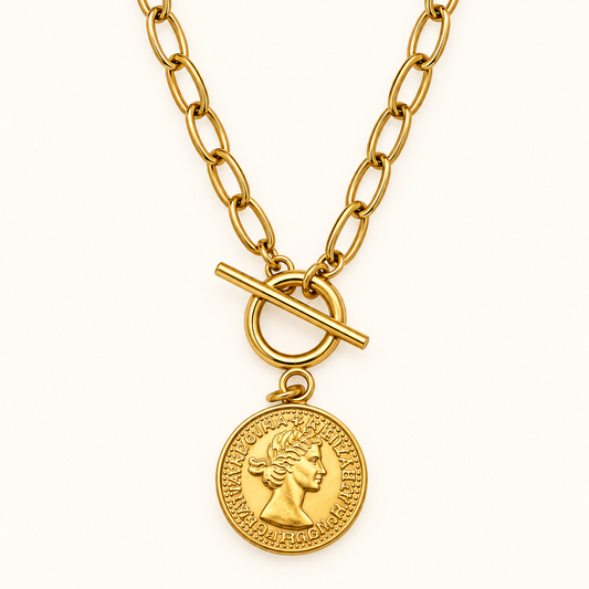 Stainless Steel Coin Pendant Paperclip Necklace in Gold – 56cm
