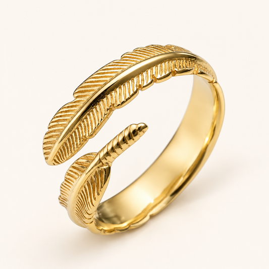 Stainless Steel Feather Ring in Gold – Adjustable Free Size