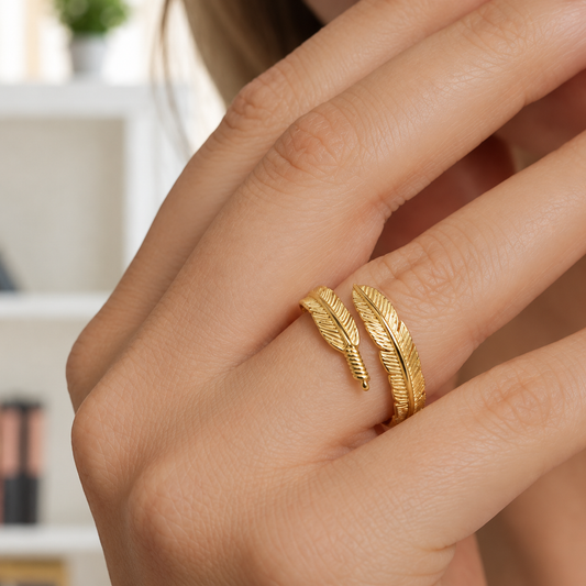 Stainless Steel Feather Ring in Gold – Adjustable Free Size