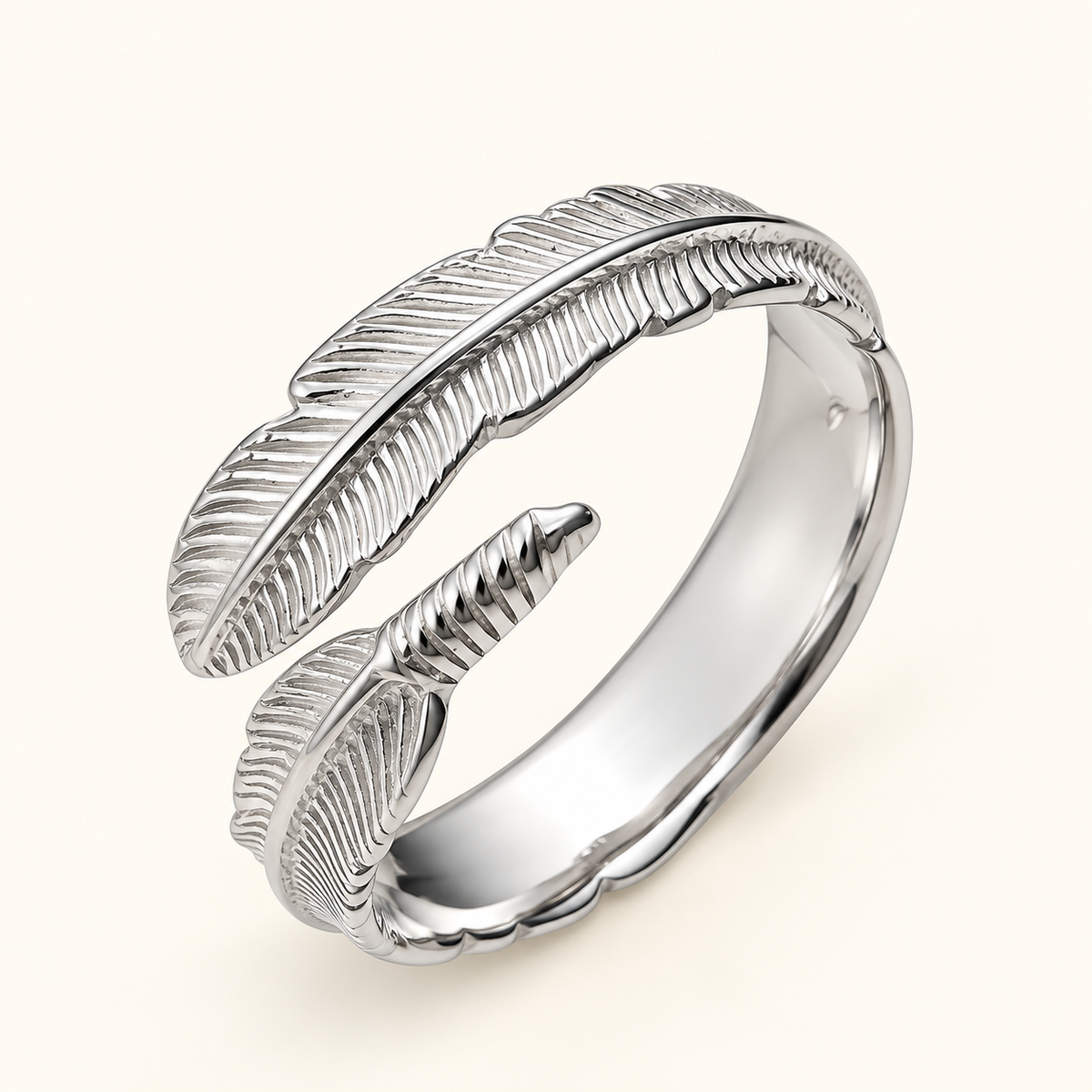 Stainless Steel Feather Ring in Silver – Adjustable Free Size