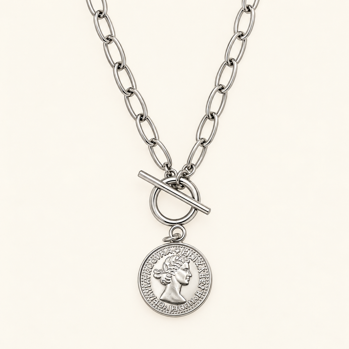 Coin Pendant Necklace on Paperclip Chain – 56cm – Silver-tone