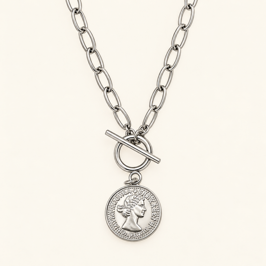 Stainless Steel Coin Pendant Paperclip Necklace in Silver – 56cm