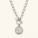 Coin Pendant Necklace on Paperclip Chain – 56cm – Silver-tone