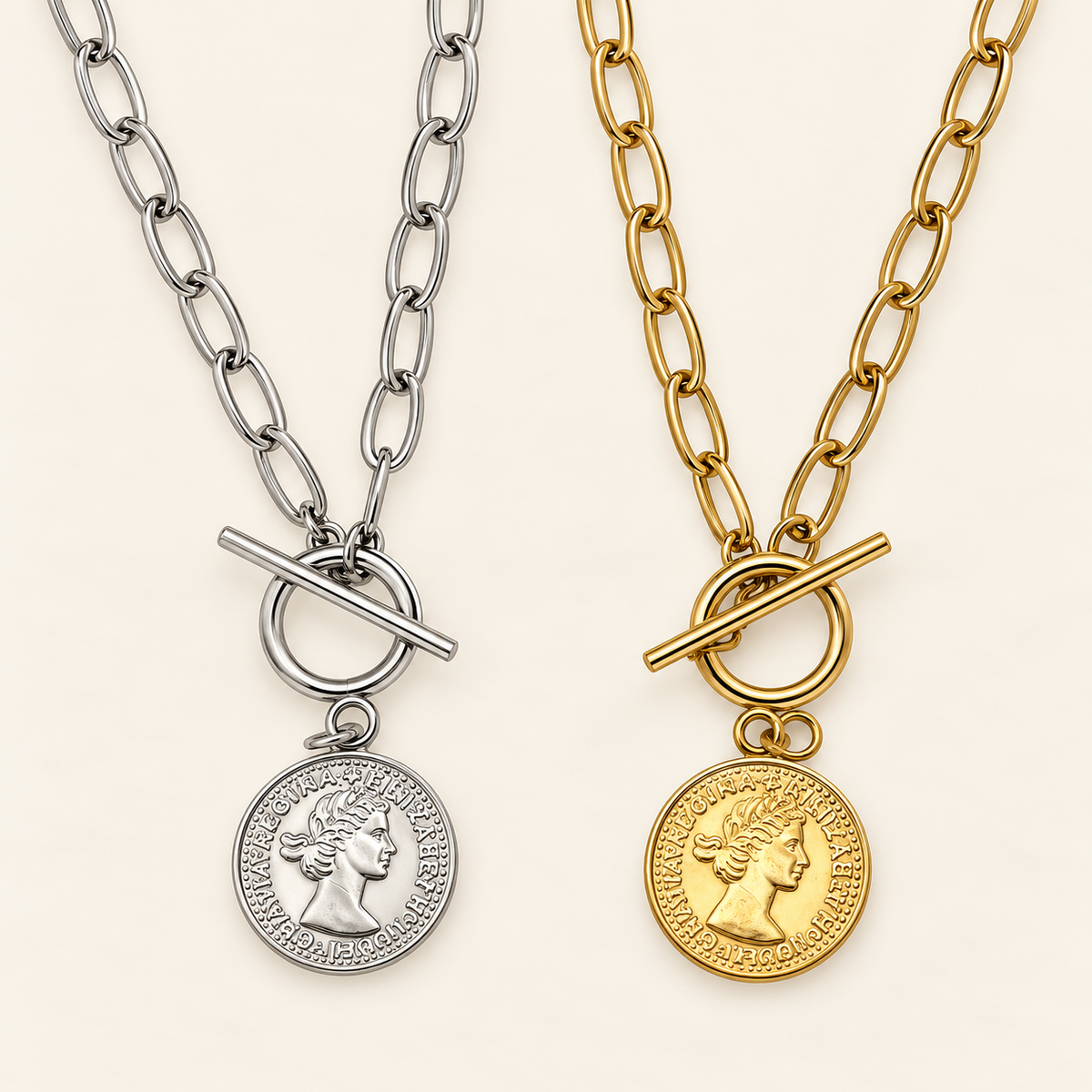 Coin Pendant Necklace on Paperclip Chain – 56cm – Gold-tone