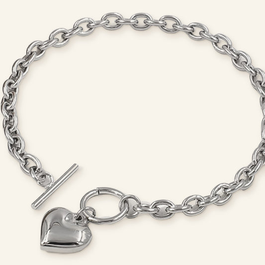 Denoon London chunky heart T-bar bracelet, silver-tone stainless steel toggle chain