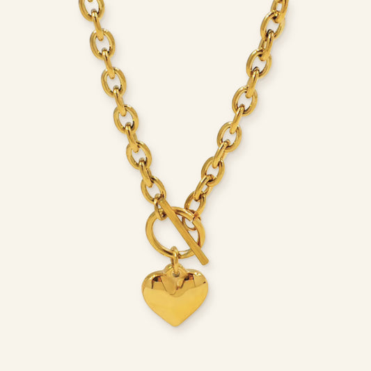 Denoon London chunky heart T-bar necklace, gold-tone stainless steel heart pendant