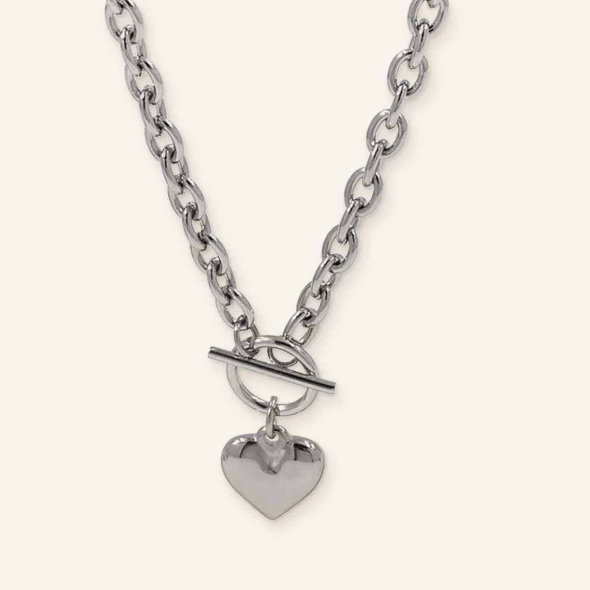 Denoon London chunky heart T-bar necklace, silver-tone stainless steel heart pendant