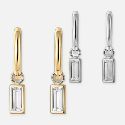 Denoon London Crystal Drop Hoop Earrings – gold-tone (shown with silver-tone) – view 1