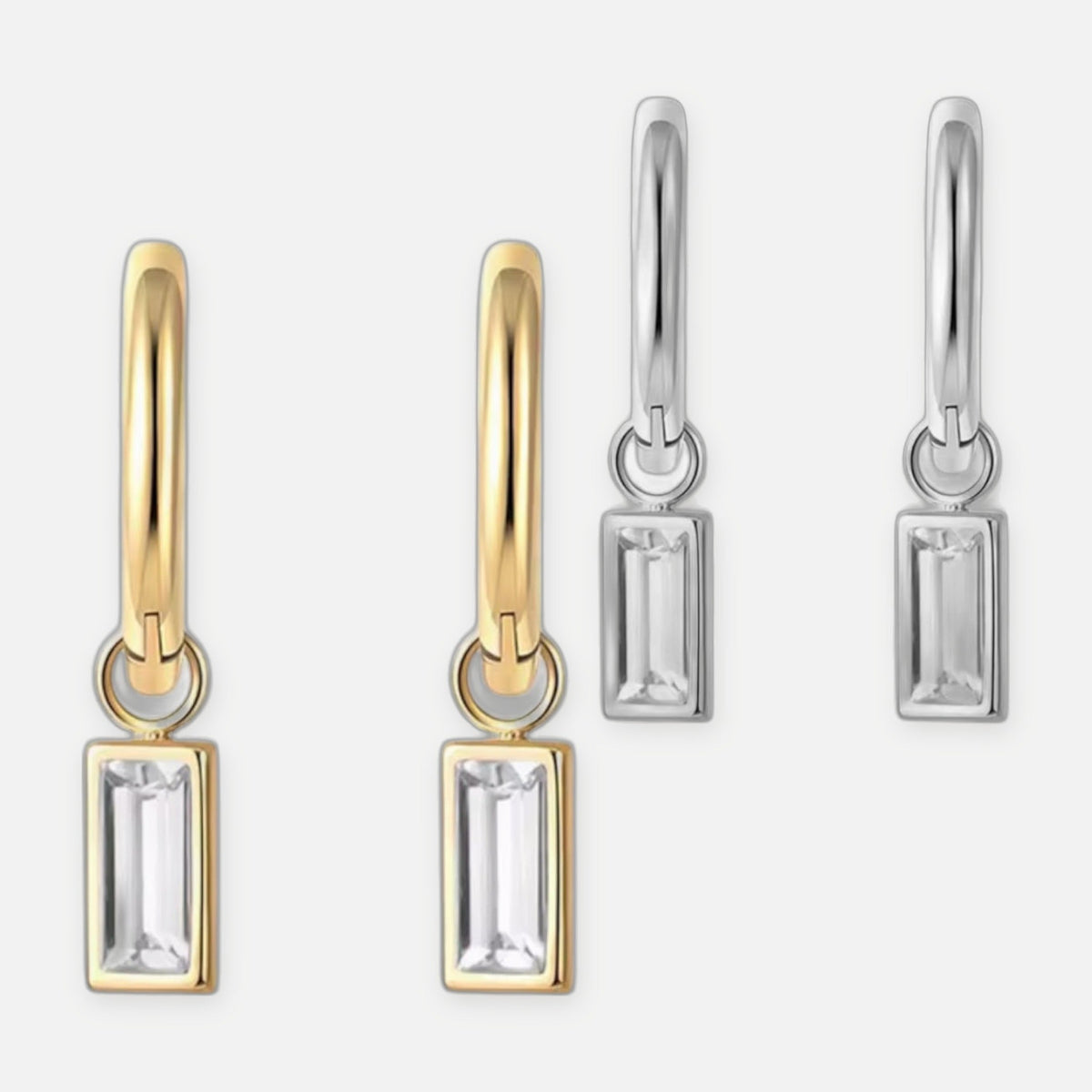 Denoon London Crystal Drop Hoop Earrings – silver-tone (shown with gold-tone) – view 1