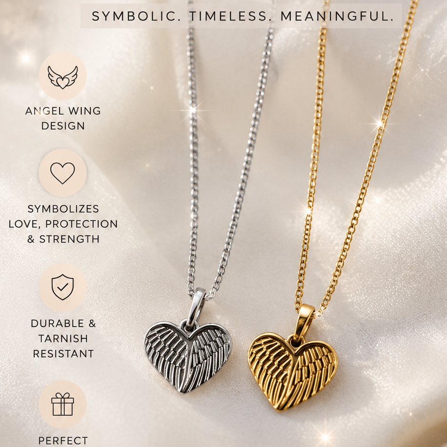 Denoon London Angel Wing Heart Necklace – gold-tone (shown with silver-tone) – view 1