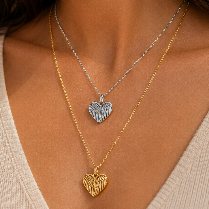 Denoon London Angel Wing Heart Necklace – gold-tone (shown with silver-tone) – view 2