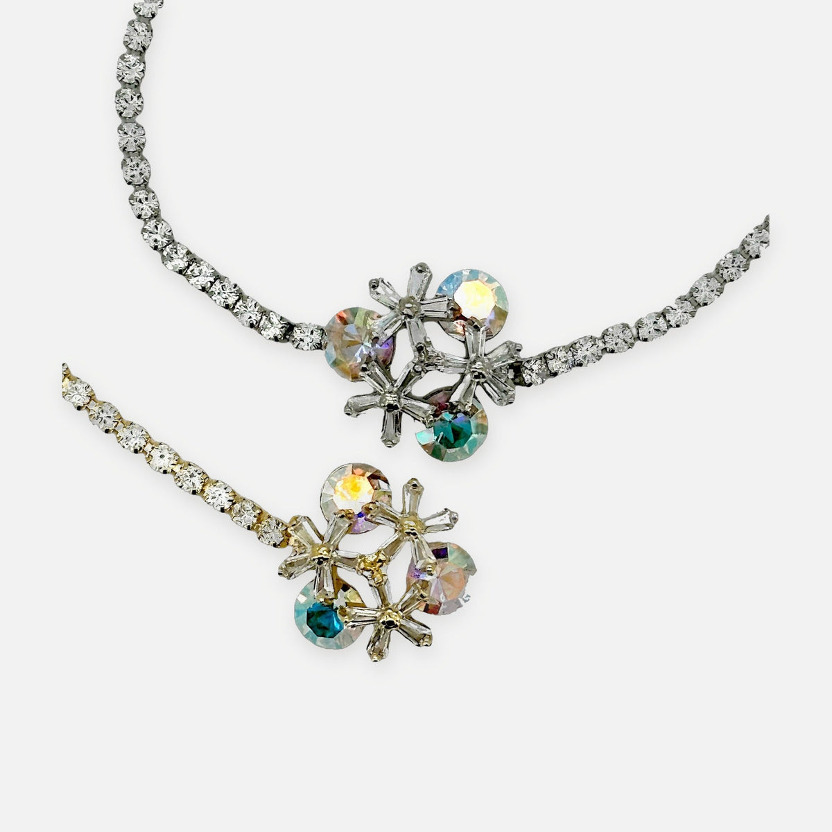 Denoon London Crystal Flower Bracelet with Diamanté – gold-tone (shown with silver-tone) – view 2