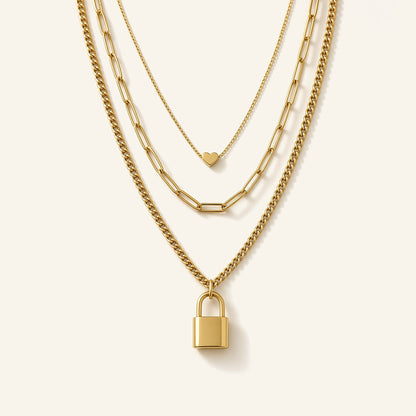 Denoon London Layered Padlock Necklace with Heart, gold-tone – view 1