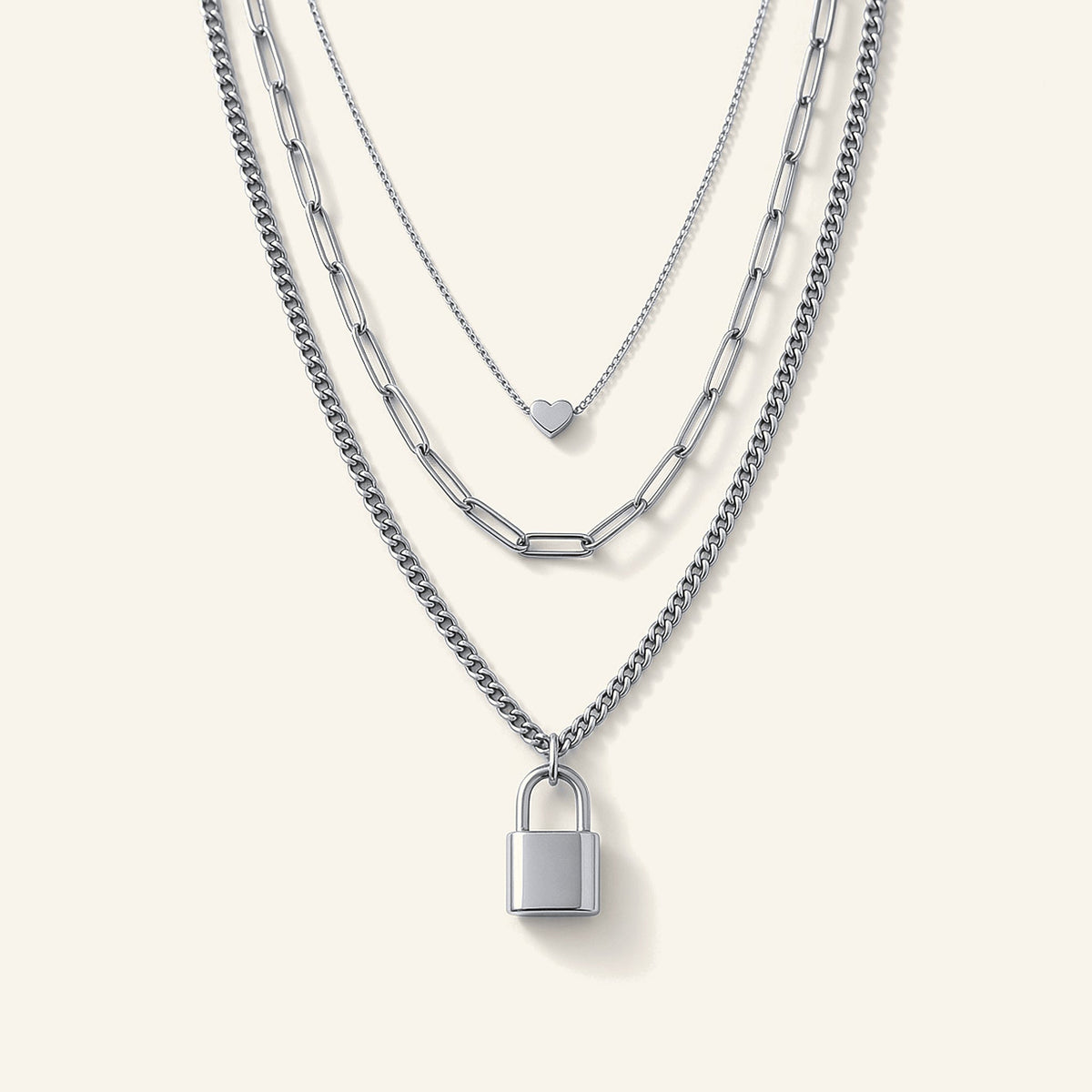 Denoon London Layered Padlock Necklace with Heart, silver-tone – view 1