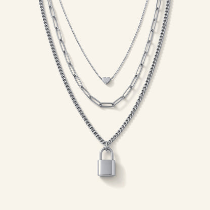 Denoon London Layered Padlock Necklace with Heart, silver-tone – view 1